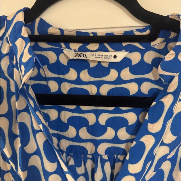Zara Blue and White Geometric Long Sleeve Dress - Picture 2 of 2